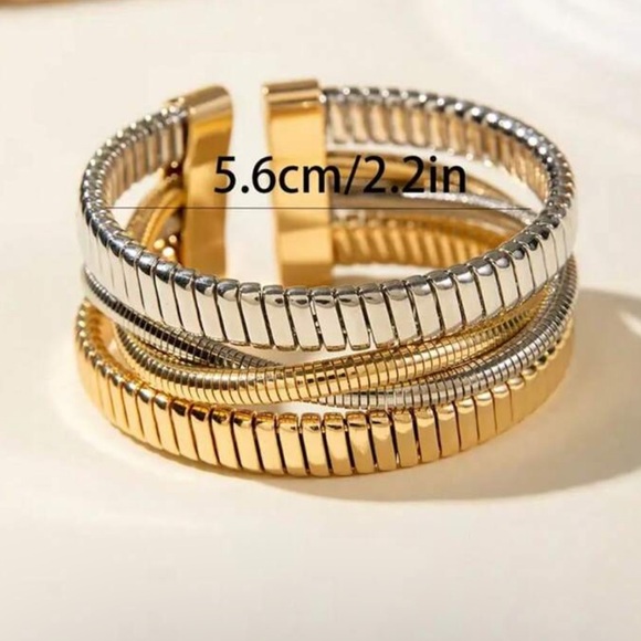 Stunning Modern Gold & Silver Double Layered Cuff Bracelet - Picture 6 of 6